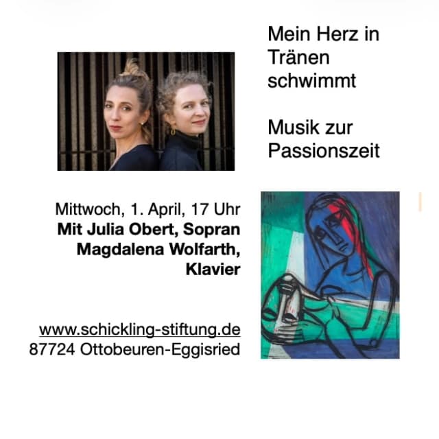 Ein Programm, in dem sich Herz und Geschichte in Tönen begegnen. Die Musik erzählt von Schmerz und Trauer, von innerer Zerrissenheit und leiser Zuversicht – von der barocken Passion über die romantische Seelenlandschaft bis hin zu den erschütternden Zeugnissen des 20. Jahrhunderts. Zwei feinsinnige Künstlerinnen inmitten Bildern von Passion und Ostern!
#erichschicklingstiftung #ottobeuren #günztal #architektur #philosophie #mythologie #natur #allgaeutourist #religion #hinterglasmalerei #mystik #theologie #dichtung #VocalMusic #liedkunst