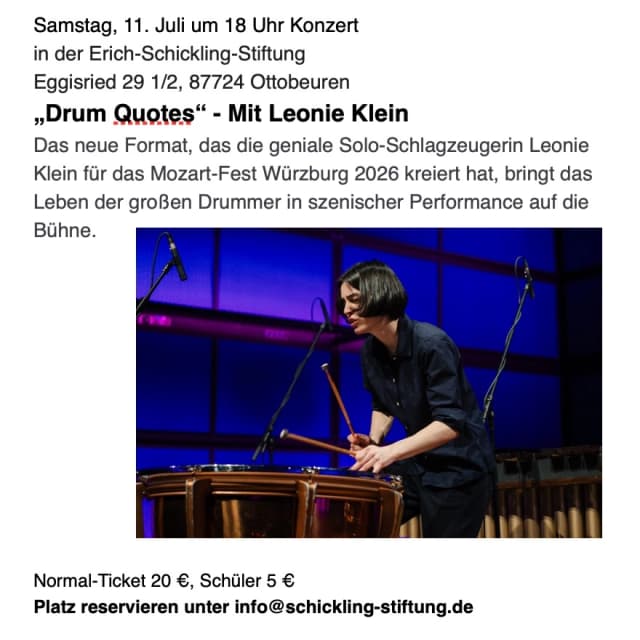 Samstag, 11. Juli um 18 Uhr. www.schickling-stiftung.de
Drum Quotes
Die Beats der Legenden – neu komponiert, neu inszeniert.
Percussion und Performance von und mit Leonie Klein
#erichschickling #schicklingstiftung #erichschicklingstiftung #ottobeuren #günztal #kunststiftung #architektur #philosophie #mythologie #natur #allgaeutourist #religion #kunst #malerei #mystik #theologie #dichtung #veranstaltungen #konzerte #percussion
@leonieklein_official
Foto: © CAS Software AG_22